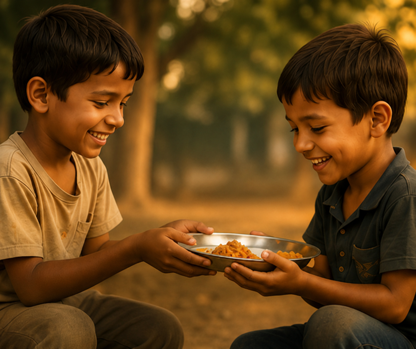 Two children sharing a plate of food