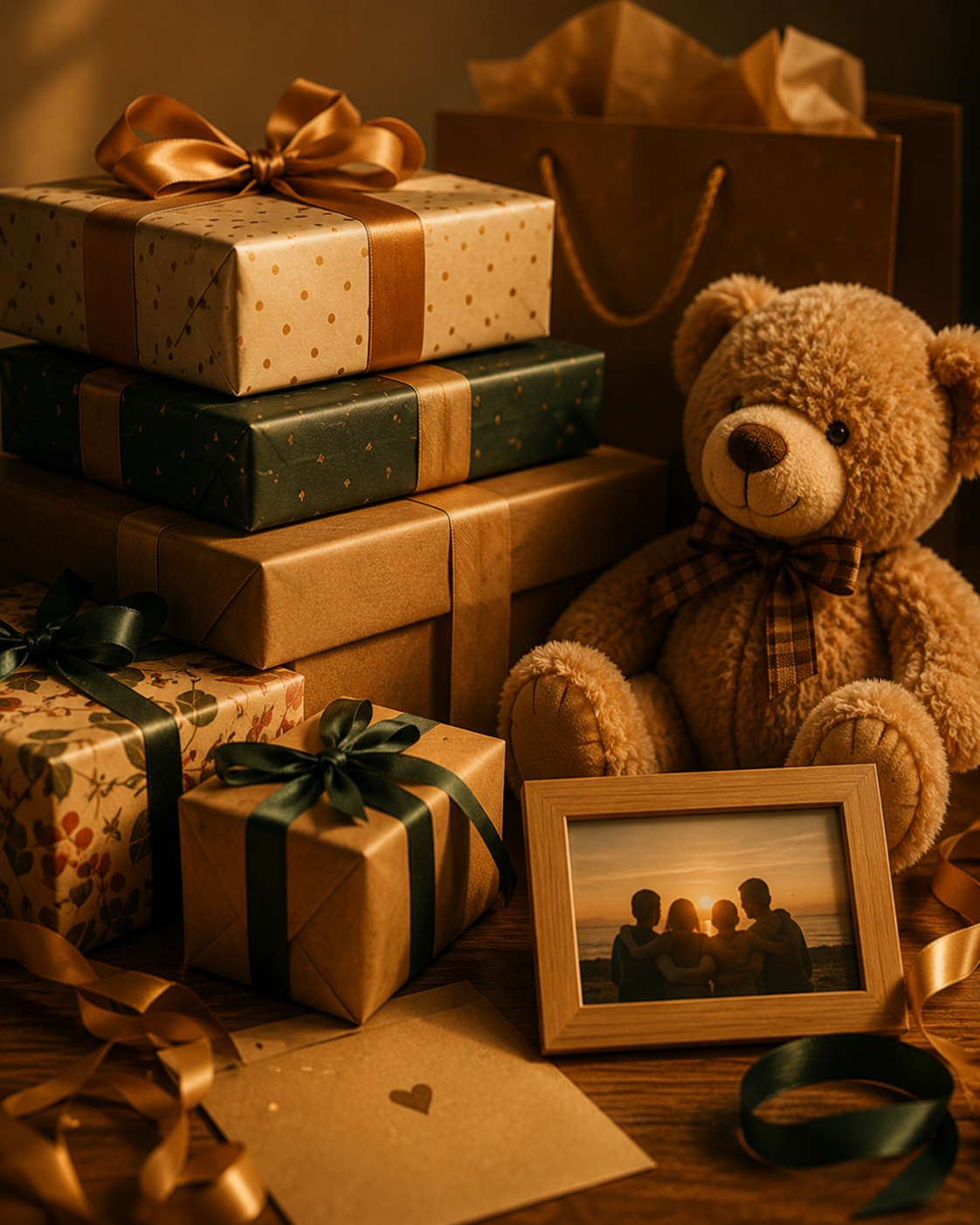 A stack of wrapped gifts, a teddy bear and a framed photo